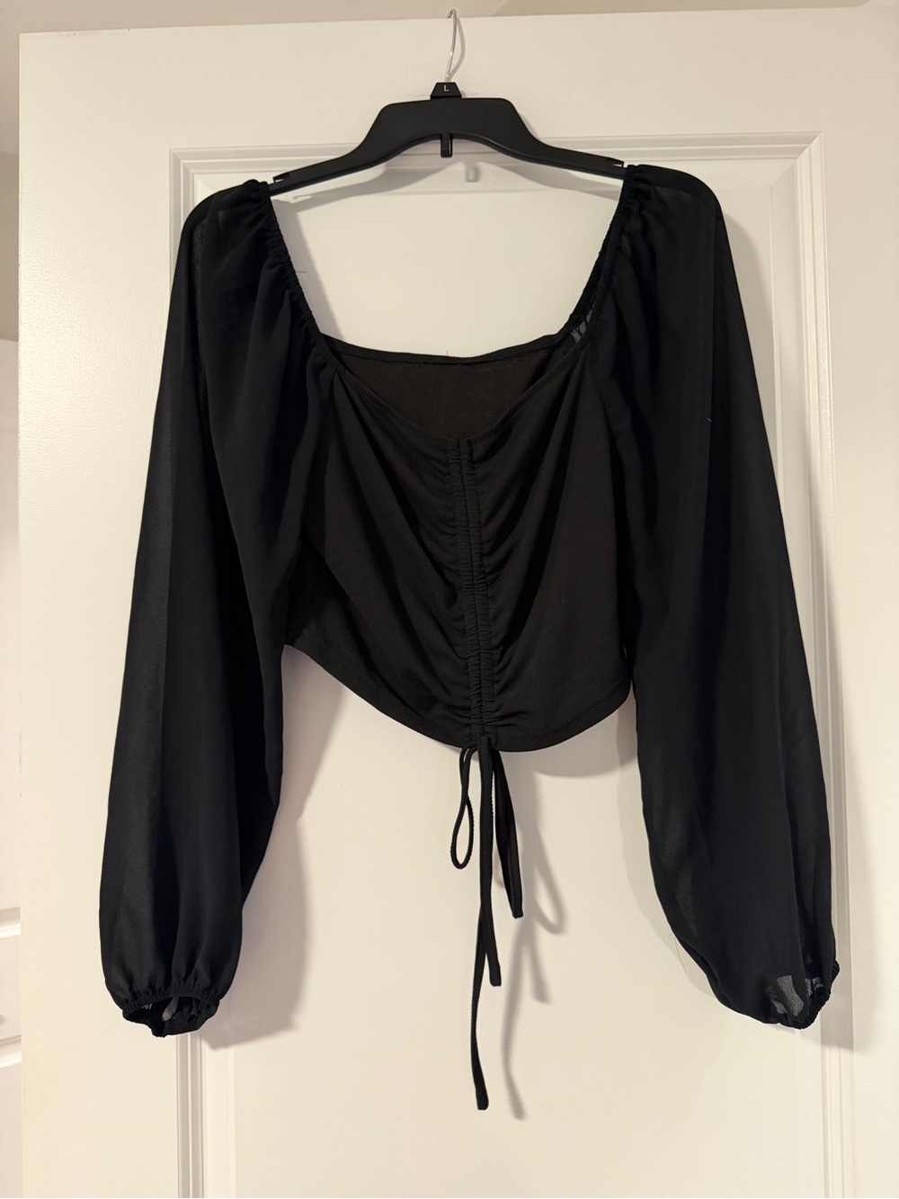 Ruched Drawstring Black Long-Sleeve Crop Blouse